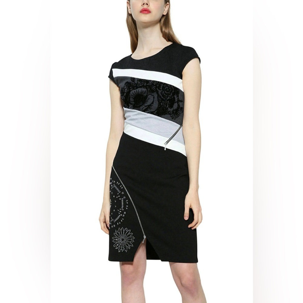 DESIGUAL Colorblock Sheath Dress Large Asymmetrical Floral Artsy Unique Career